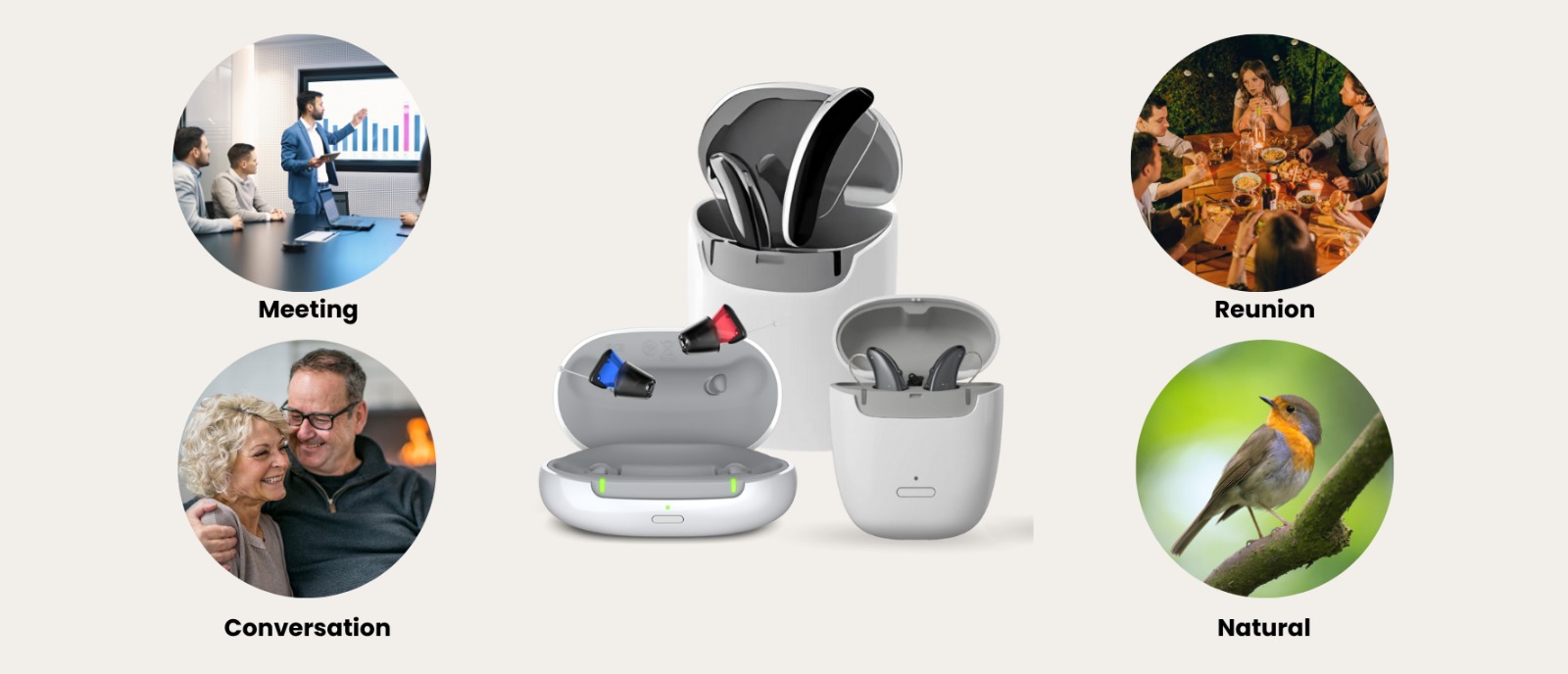 Modern hearing aids with AI-based sound adaptation for clear, personalized hearing experience.